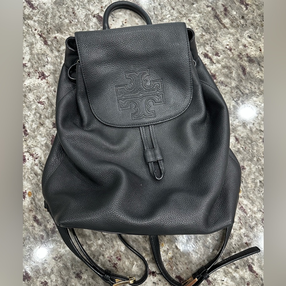 Tory Burch Black Leather Large Logo Backpack
